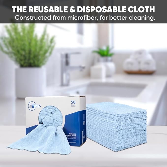 Blue Microfiber Shop Towels | MWipes Reusable Shop Rags | 50 Rags in a Box |