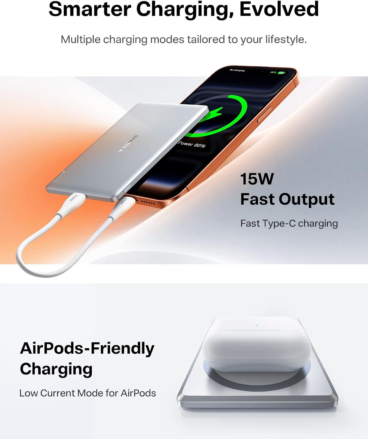 TORRAS MiniMag Power Bank, Ultra Slim 5,000mAh Wireless Portable Charger with USB-C Cable, Fast Charging iPhone Air MagSafe Battery Compatible for iPhone 17 Pro Max/17 Pro/Air/17/16/15/14/13/12,White