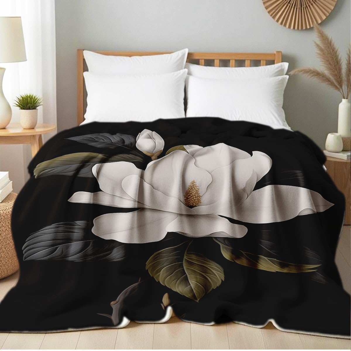 HUNXIAOJ Magnolia Print Blanket Black and White Throw Soft Magnolia Flannel Blanket Flower Bedding Decor Gifts Botanical Floral Throw for Bed Couch (59"x78")
