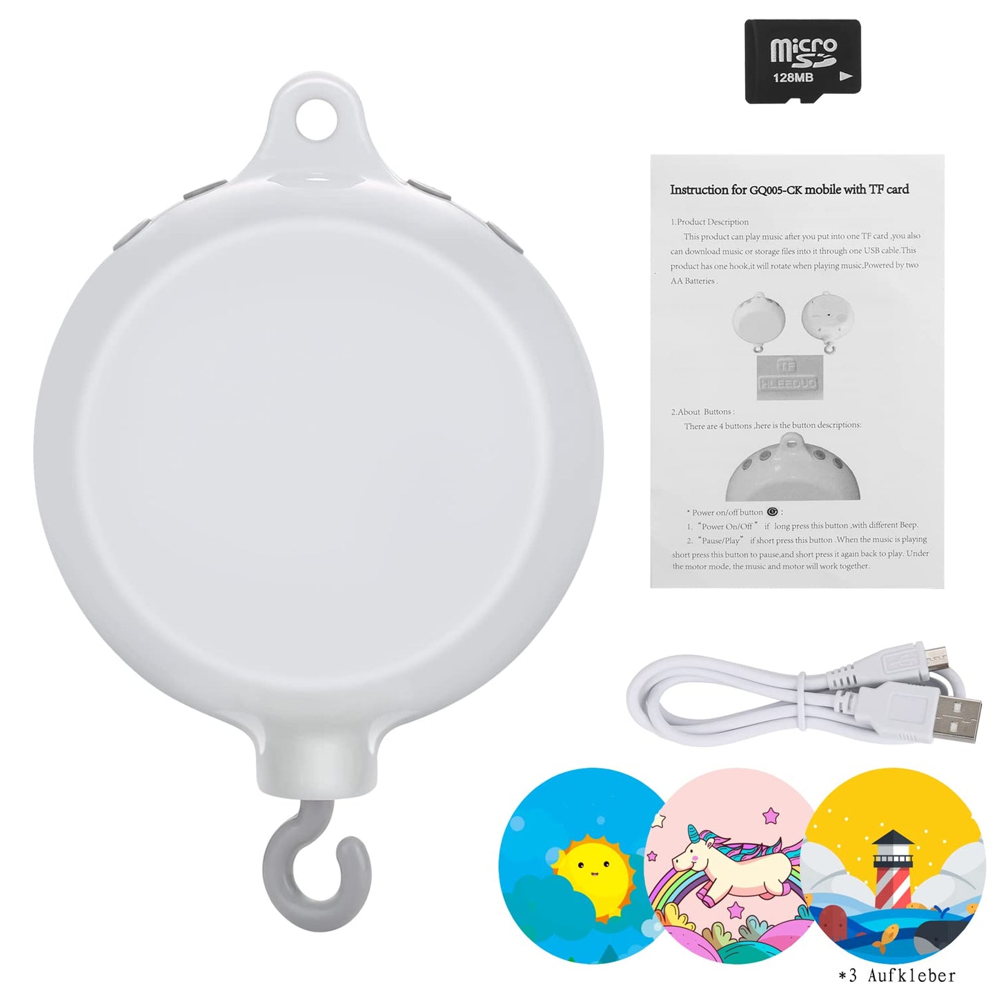 FITNATE Baby Bedding Rotating Musical Box Mobile Music Box Toy Plays 35Tunes(without Brackets or Toys),Battery-operated with Free 3 stickers, 128M Micro SD Card&USB Cable for data transmission