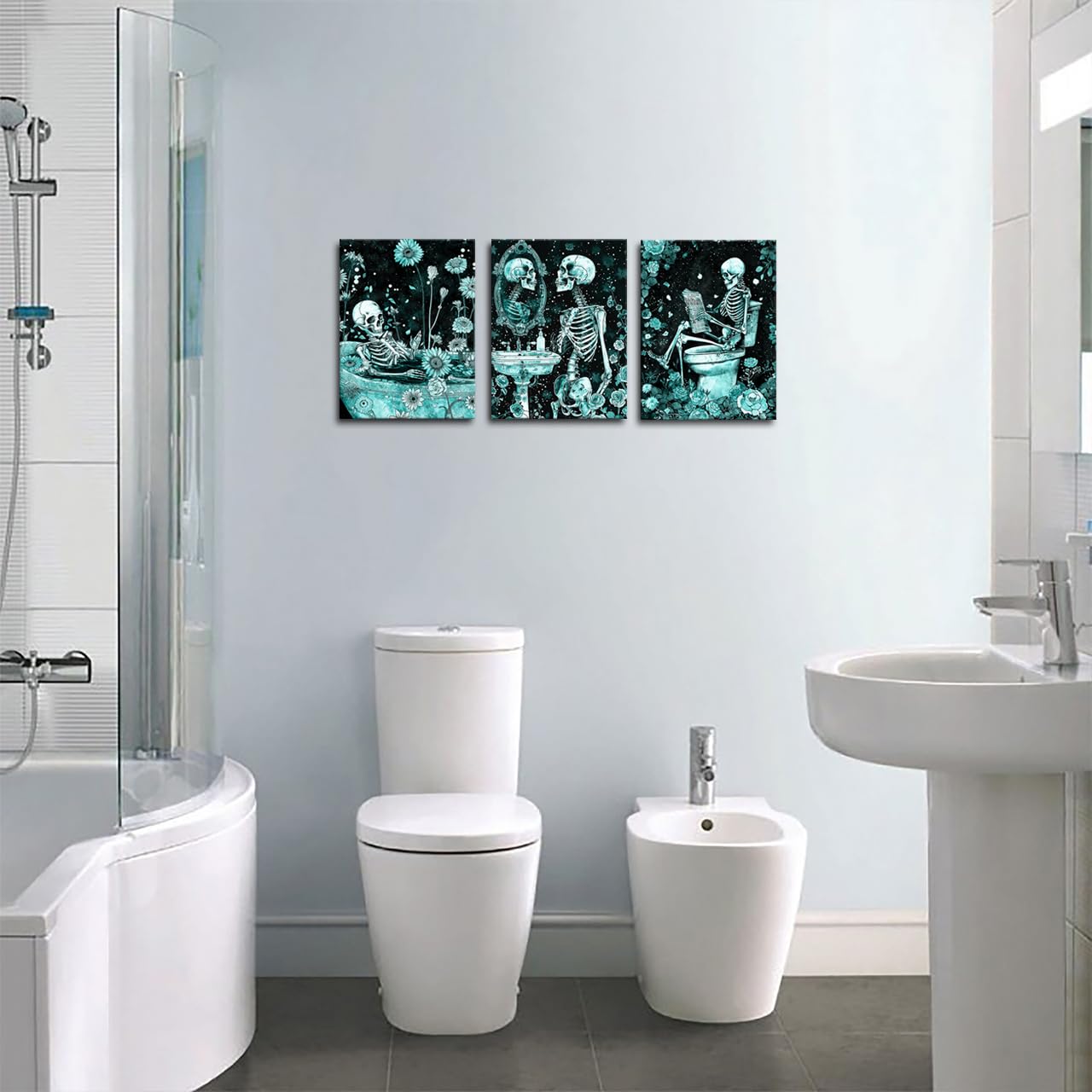 FuShvre Skeleton Bathroom Decor Moody Skeleton Wall Art Pictures for Bathroom Gothic Painting for Home Decoration Framed 12x16 inch each piece (Teal)