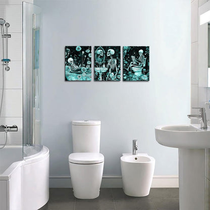 FuShvre Skeleton Bathroom Decor Moody Skeleton Wall Art Pictures for Bathroom Gothic Painting for Home Decoration Framed 12x16 inch each piece (Teal)