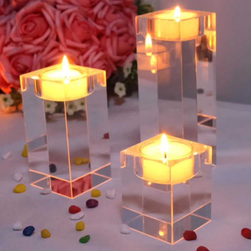 Cabilock Crystal Candlestick Cube Candle Holder Tealight Candle Holder Home Table Decor Romantic Table Centerpiece Ornament 1.96X1.96X3.14In
