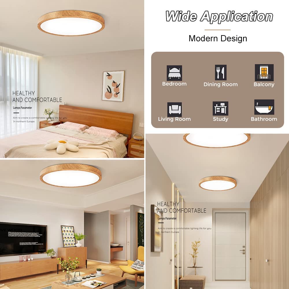 12in/30cm 24W LED Wood Grain Flush Mount Ceiling Light, 5000K Daylight White Bathroom Light, 3200LM, Round Ceiling Lighting, 240W Equivalent Ceiling Lamp for Closets, Kitchens, Hallway, Bedrooms, etc.