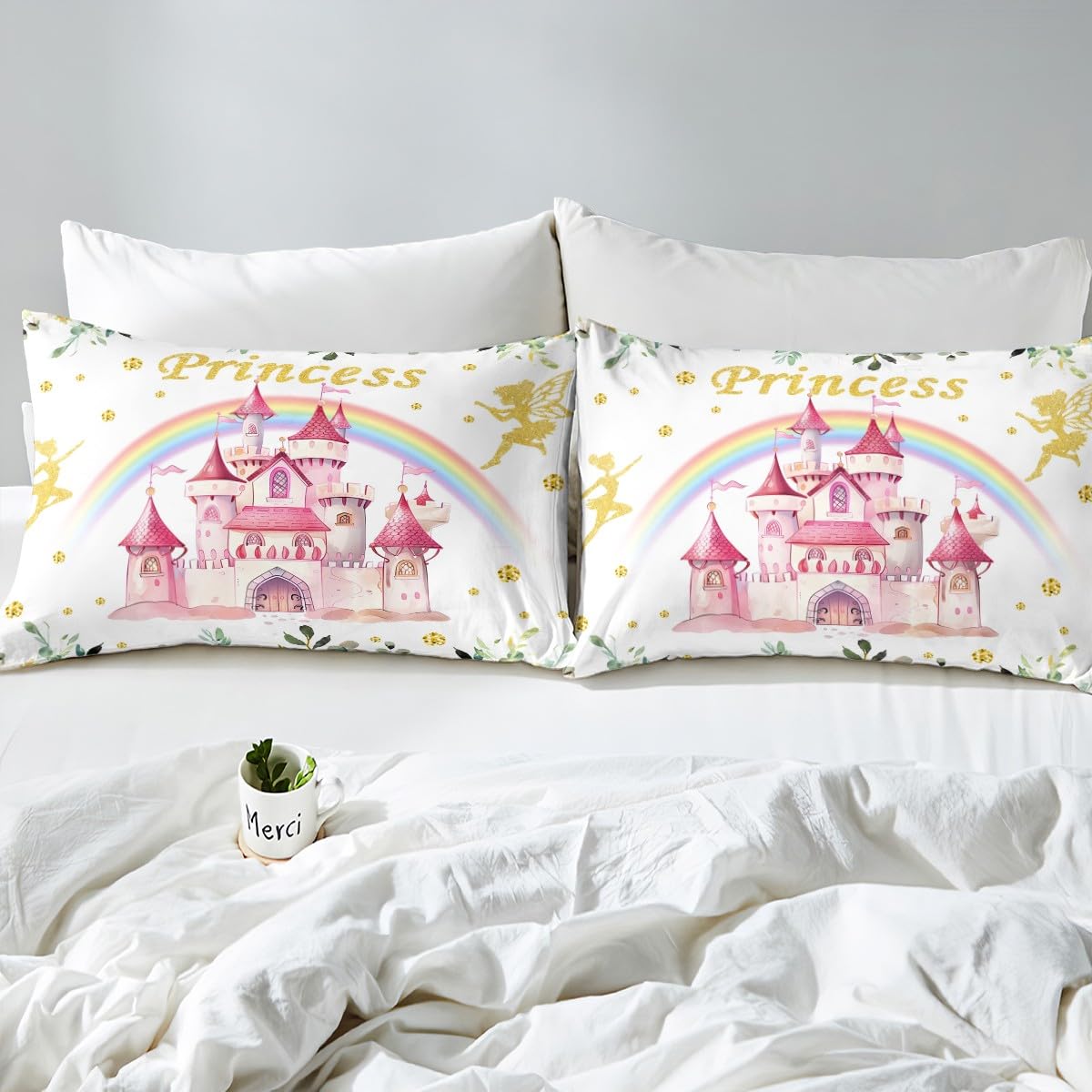 Erosebridal Princess Twin Fitted Sheet,Pink Castle Dreamy Bedding Set for Girls Kids,Fairy Garden Floral Bed Set,Cute Rainbow Pink Bed Sheets 2Pcs Bedroom Decor (No Flat Sheet)