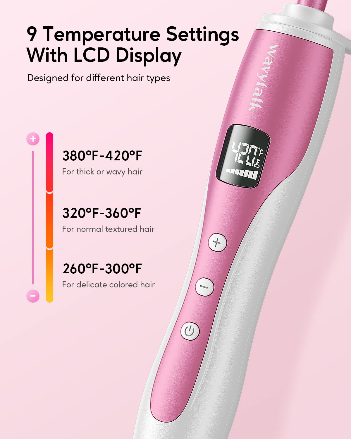 Wavytalk 3/8 Inch Small Curling Iron Wand for Short & Long Hair, Ceramic Barrel with Adjustable Temperature, Heat Resistant Glove Included (Rose Pink)
