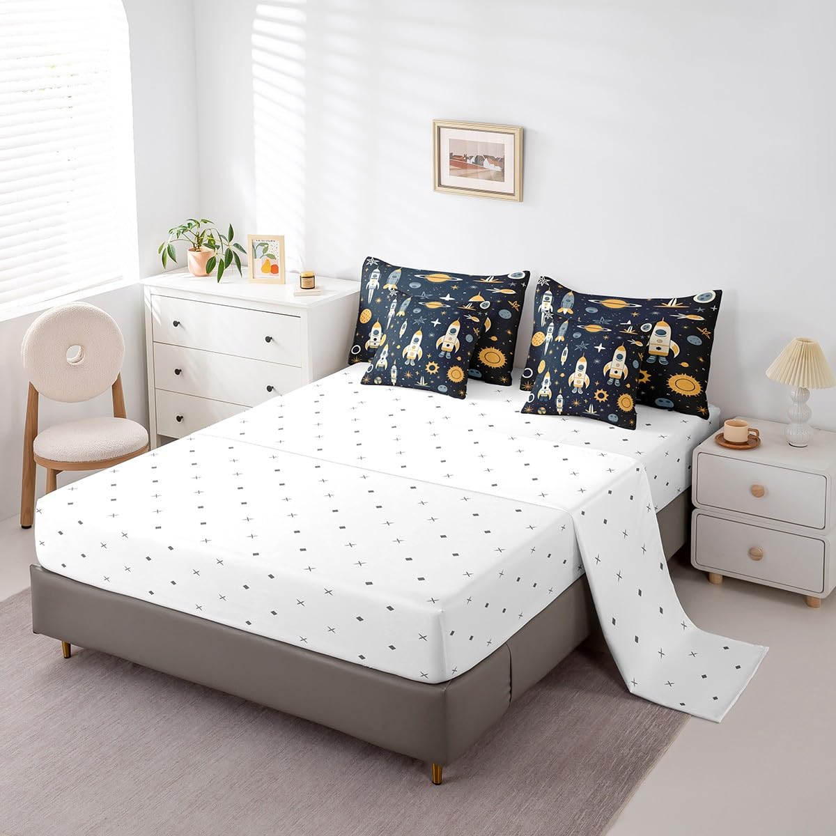Erosebridal Solar System Full Comforter Set 7-Piece Universe Stars Bedding Sets,Rocket Bed in A Bag for Kids Cartoon Planets Style Bed Sheets Set Lightweight Soft Room Decorative,for All Season