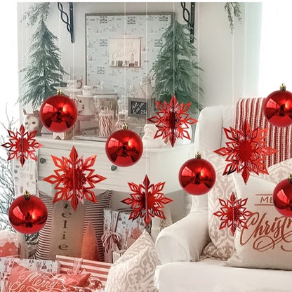 Christmas Hanging Snowflake Decorations 3D Hollow-Carved Glittery Ornaments Set of 6pcs with Different Sizes for Christmas Winter Wonderland New Year Party Home Decor (Red)