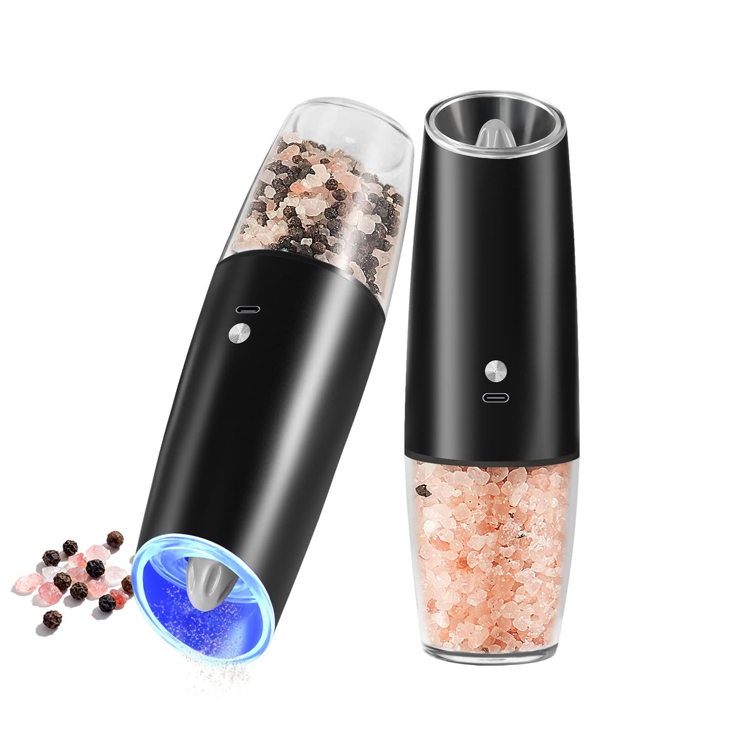 GVUHR Rechargeable Salt and Pepper Grinder Set，2 Intelligent Electric Grinders with Cleaning Brush，2 USB Charging Cables,Black Pepper and Salt Grinder Refillable