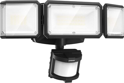LEPOWER Battery Powered LED Flood Light Outdoor,1500LM Motion Sensor Security Lights,5000K, IP65 Waterproof,Wireless Flood Light Battery Operated,3 Head Motion Detector Lights for Garage,Yard,Porch