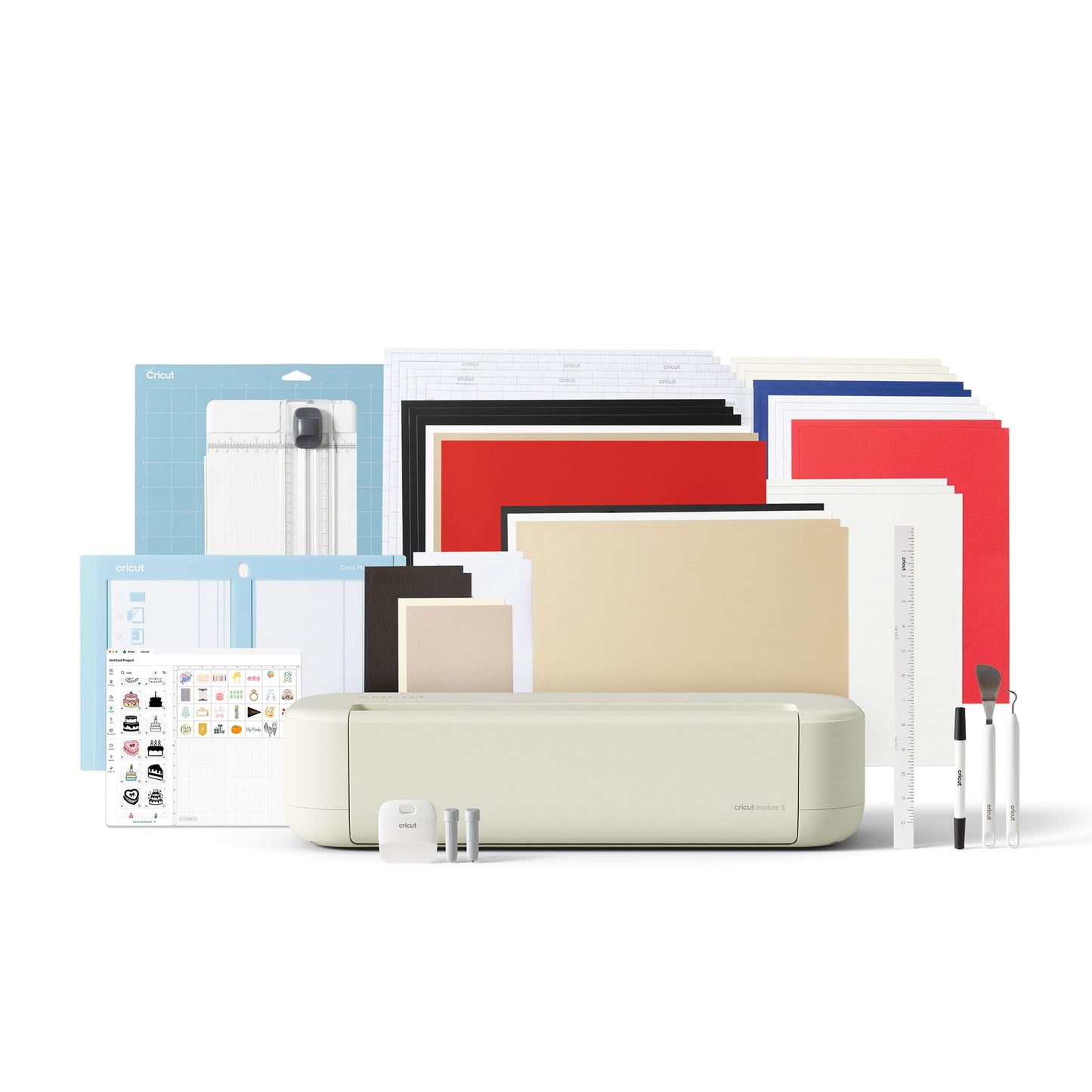 Cricut Explore® 5 Essential Bundle + Digital Content, Taupe - Precise Cutting Machine - Works with 100+ Materials - Sleek, Simplified Design - Includes Supplies for 65 Projects + Bonus Digital Content