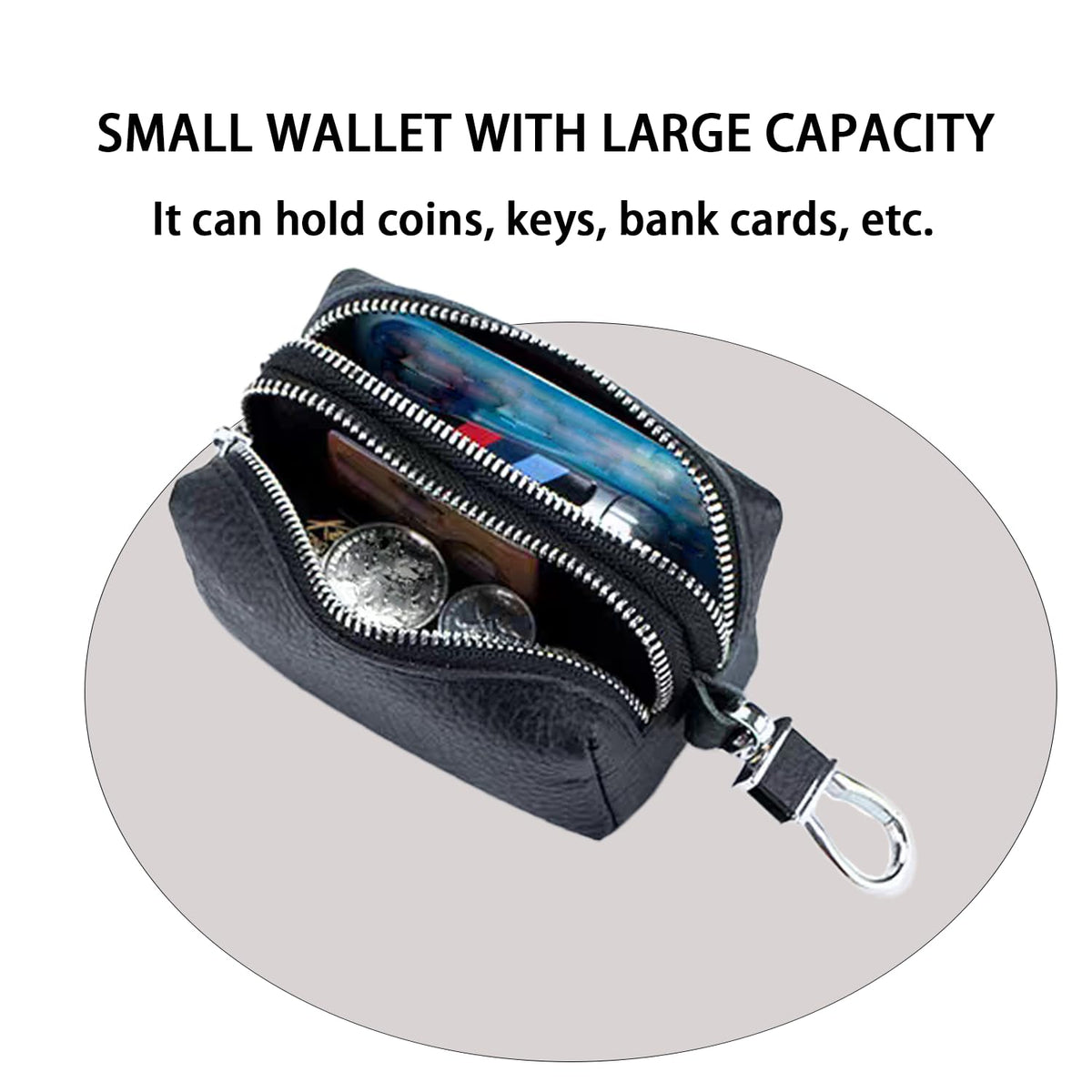 DTSFHTDAL Leather Car Key Wallet Case, Multi Functional First Layer Cowhide Key Bag Double Zipper Keychain Wallet Double Zip Key Bag for Keys (Black)