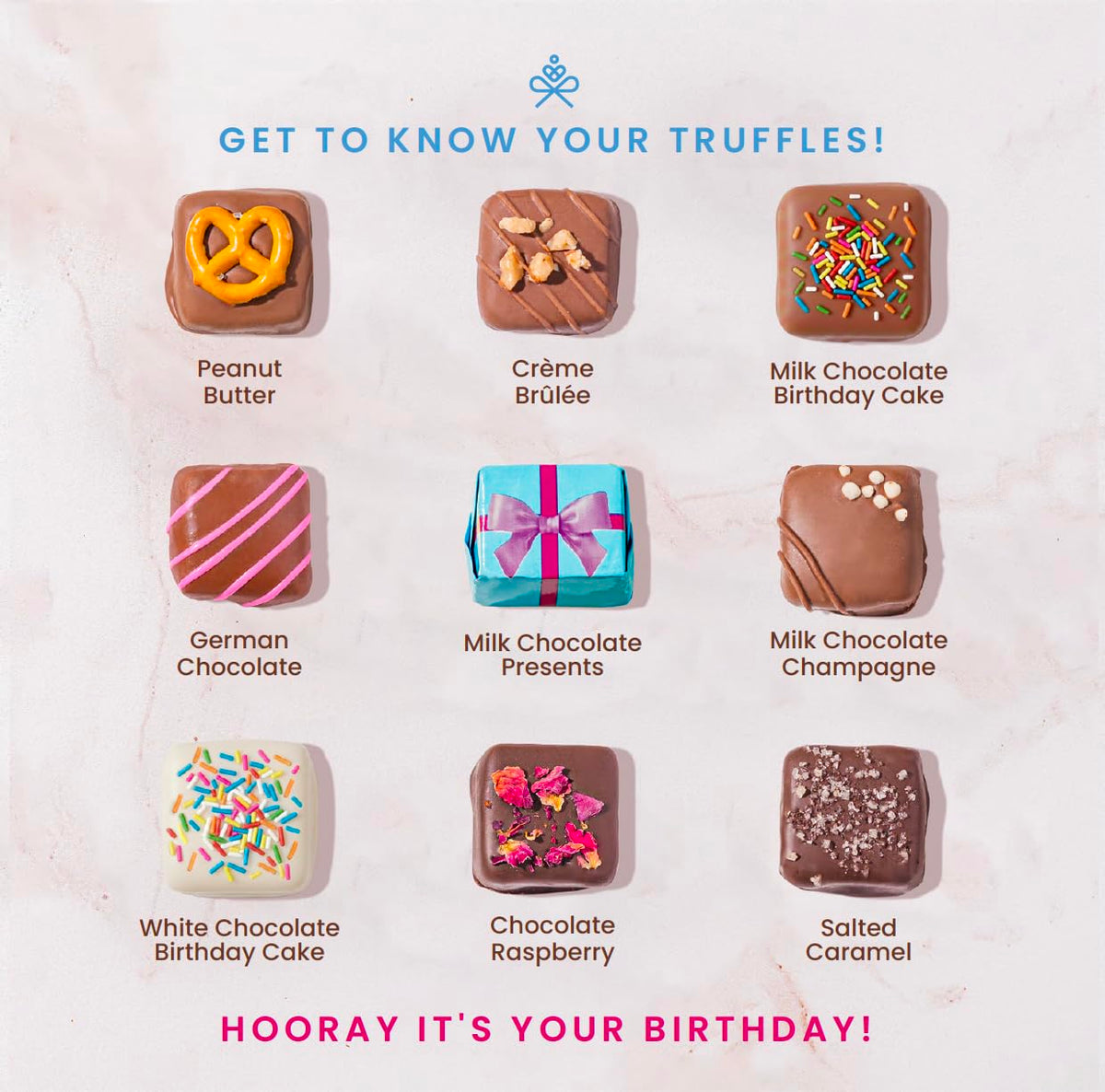 Birthday Gift Basket, Gourmet Candy Food Snack Box, Bday Him & Her, Men, Women, Family Party, Two-Tier Chocolate Gift Box with Assorted Belgian Truffles, 10+ Flavors, Bonnie and Pop (Birthday)