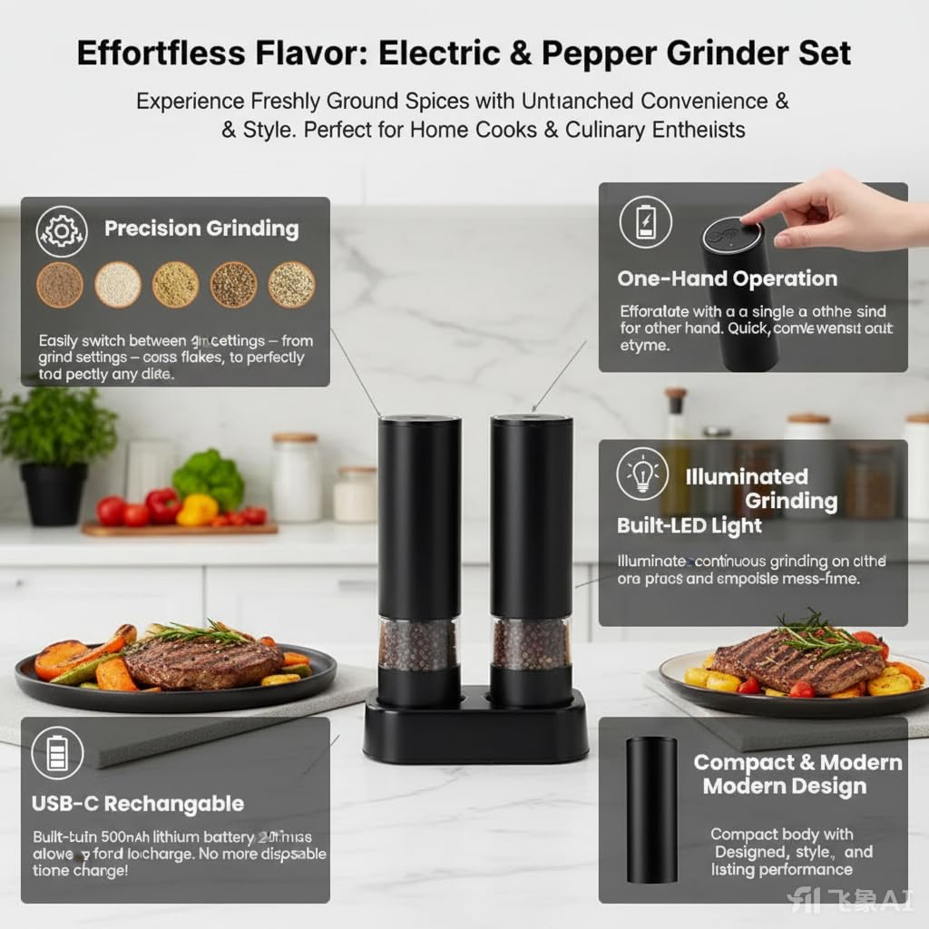 Veiliss Electric Salt and Pepper Grinder Set with Battery Rechargeable, External Adjustable Coarseness, Automatic Ceramic Salt & Pepper Shakers Mills for Seniors & Weak Hands & Kids, Gift for Mother