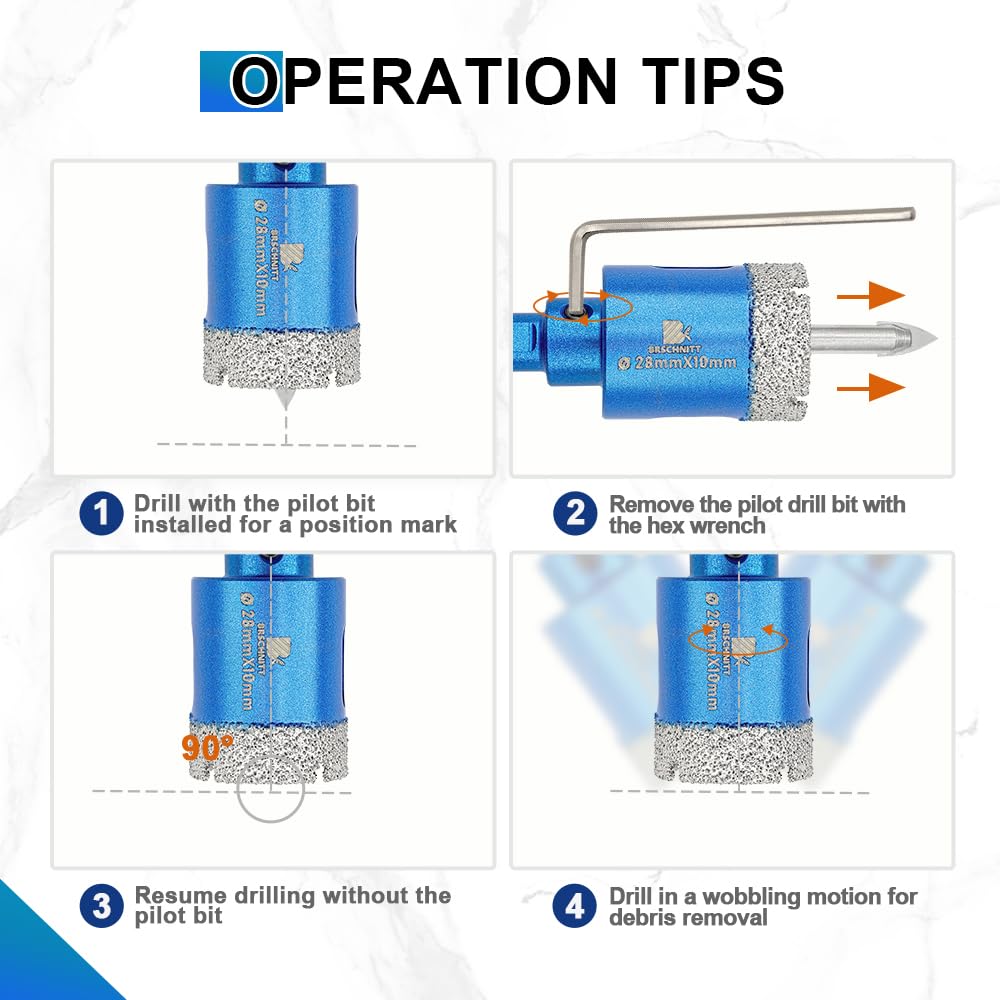 BRSCHNITT Diamond Tile Hole Saw Kit with Pilot Bit - (6-65mm) Dry Diamond Core Drill Bit Triangle Shank&Tile Blade for Porcelain Tile Ceramic Stone Granite Marble