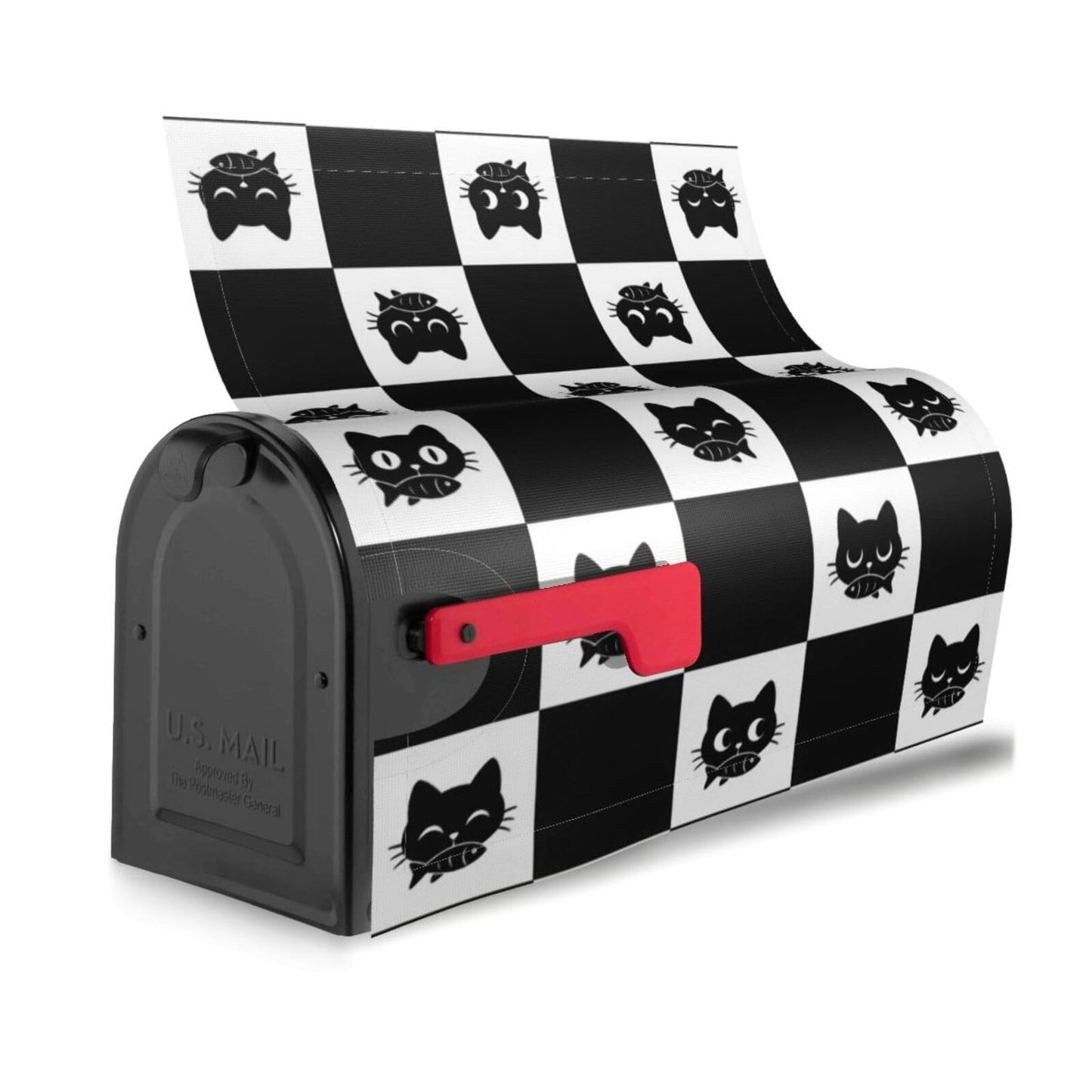 Black and White Checkered Cat with Fish Mailbox Covers, Mail Wraps Yard Home Decor for Outdoor Garden Standard Size 21x18 in