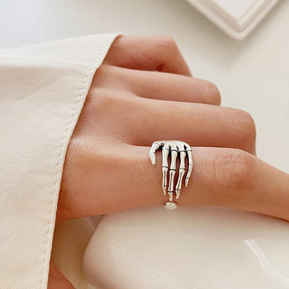 Vintage Skull Hand S925 Sterling Silver Open Band Ring for Women Girls Statement Adjustable Expandable Oxidized Gothic Skeleton Devil's Talons Finger Pinky Rings Comfort Fit Unisex Jewelry
