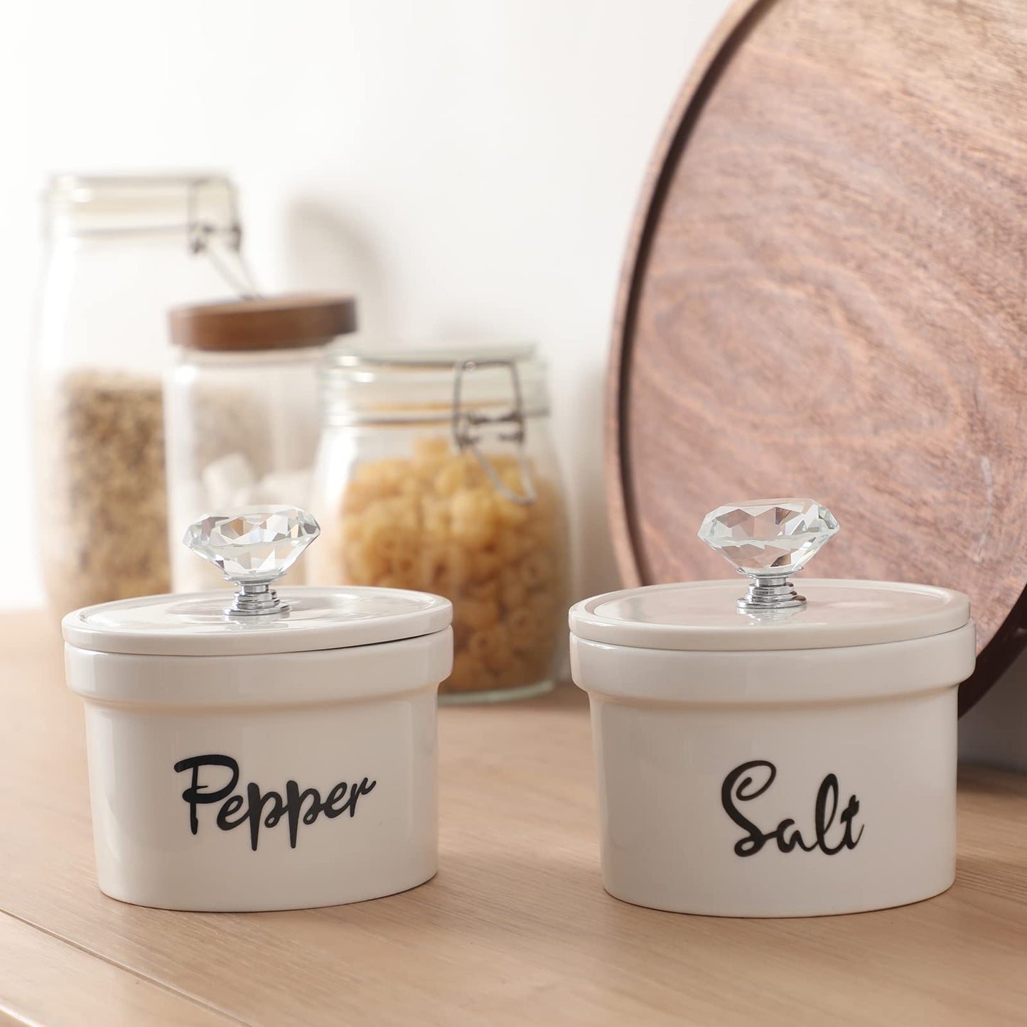 HAOTOP Salt and Pepper Bowls with Crystal Lid, 12.5 oz Ceramic Salt Pepper Container for Countertop,Farmhouse Kitchen Decor, Set of 2 (Silver)