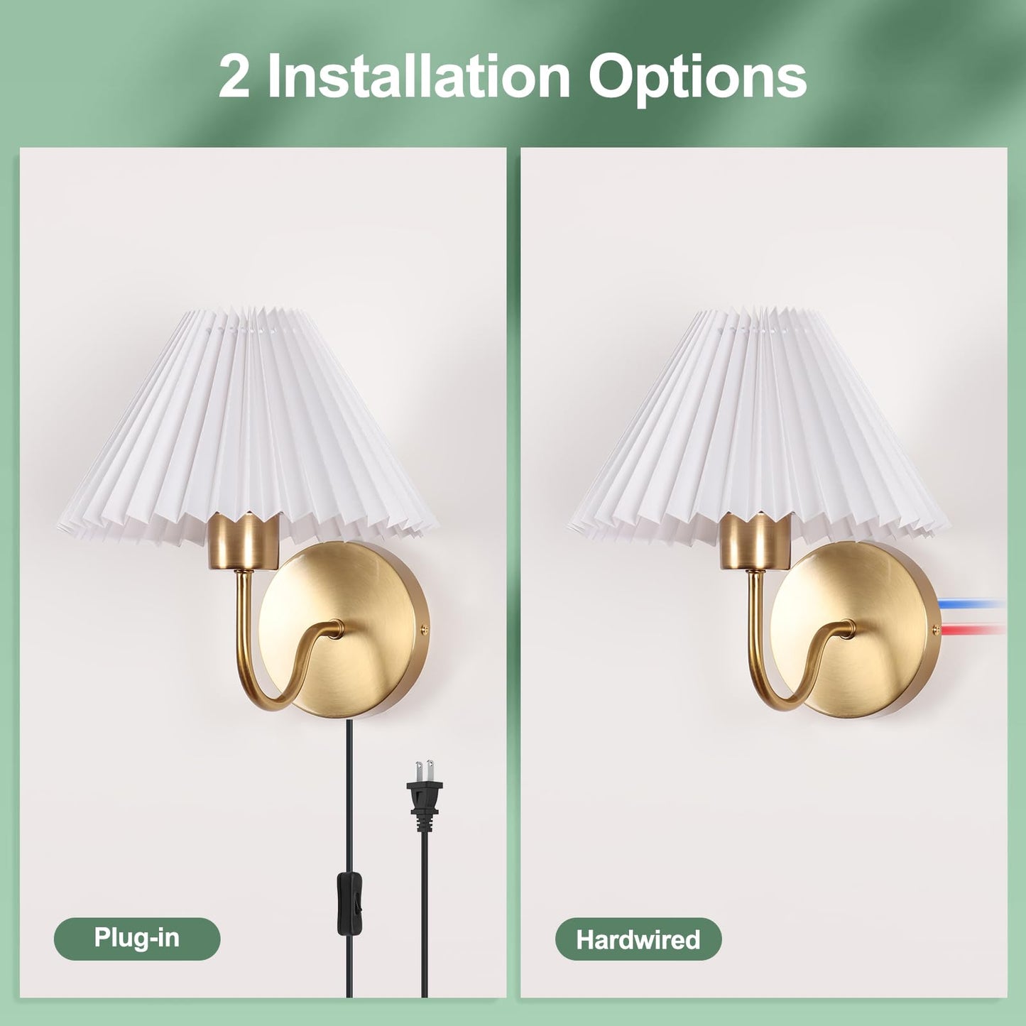 ADISUN Wall Sconces Sets of 2, Golden Plug in Wall Sconces with Switch for Dresser, Classic Cord Wall Lamp for Bedroom Living Room Bathroom Dining Room Corridor Staircase
