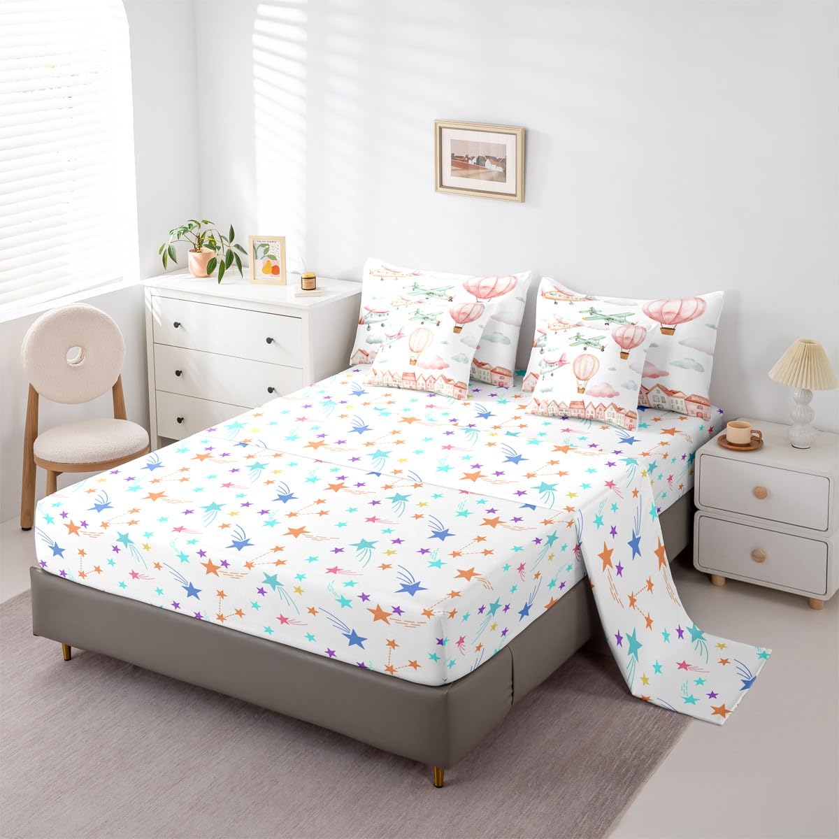 Erosebridal Cartoon Airplane Twin 7 Pcs Bedding Set, Pink Aircraft Comforter Set with Sheets for Girls Kids Youth Women Bedroom, Cute Cat Pink Hot Air Balloon Bed in A Bag, Colorful Cloud Bed Sets
