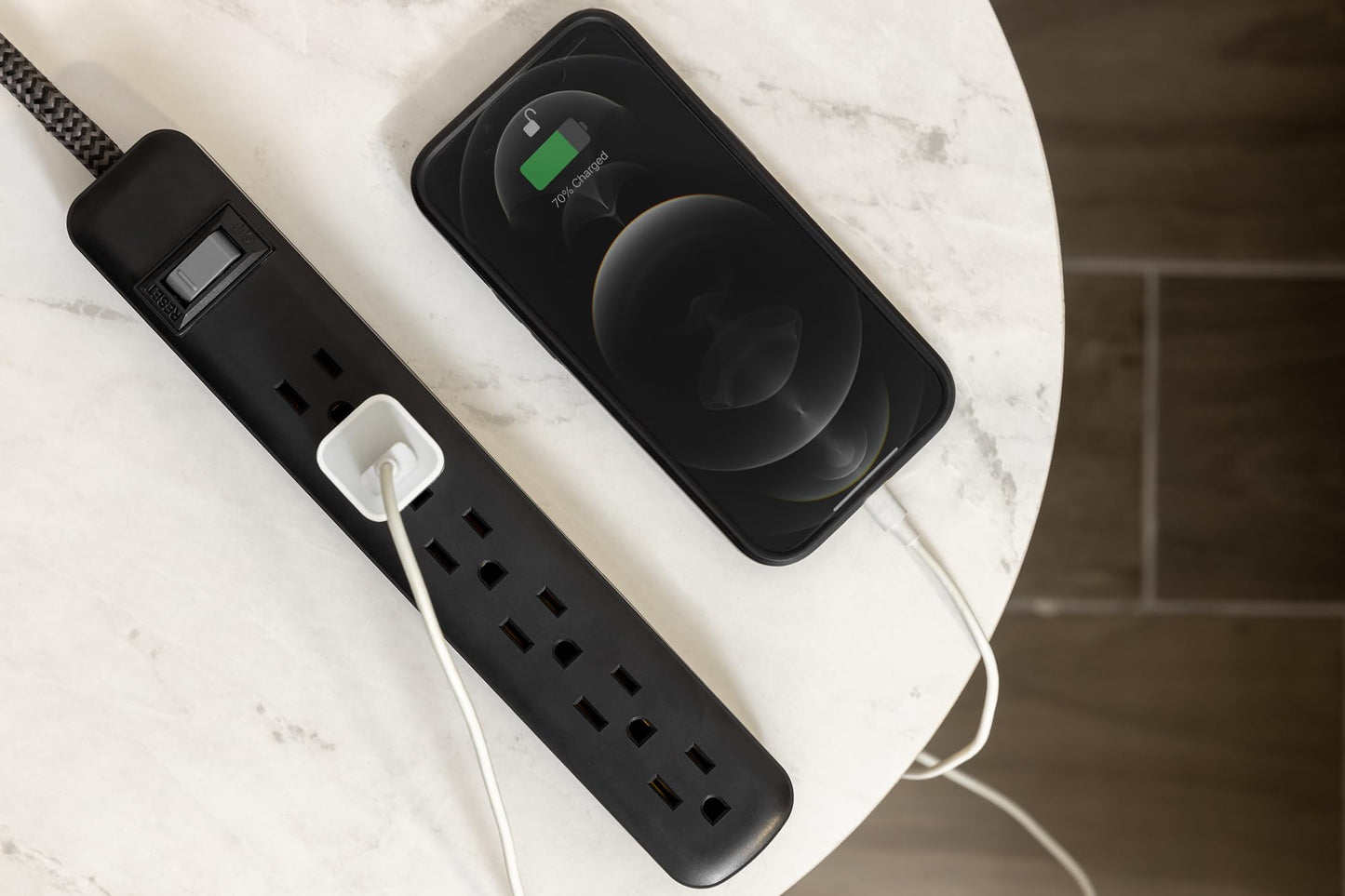 GE 6-Outlet Power Strip with USB, 1 USB-A, 1 USB-C, Outlet Extender, 6 Ft Braided Extension Cord, Flat Plug, Charging Station, Black, 82595