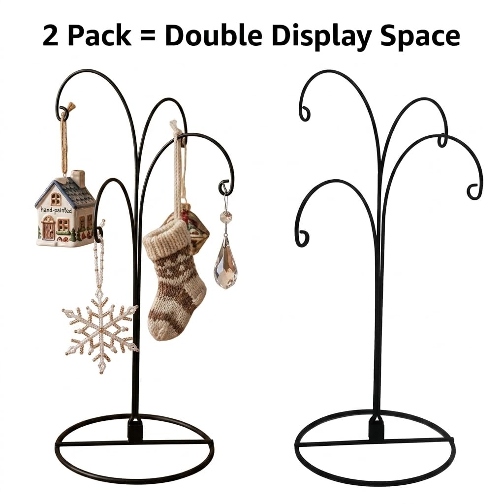 HOHIYA Ornament Display Stand 12 Inch 2 Pack 4-Arm Metal Ornament Holder for Christmas Decorations Crystal Ball Hanging Ornaments Jewelry Display Stand Black