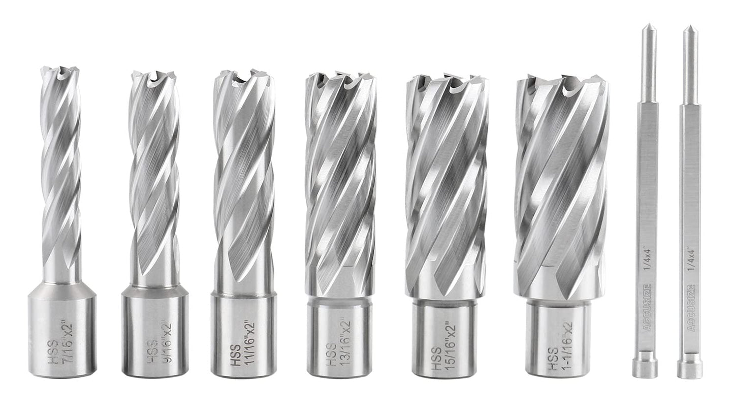 Accusize Industrial Tools H.S.S. Annular Cutter Set, 2'' Cutting Depth, 7/16'' - 1-1/16'' Slugger Cutter, 8 Pcs/Set, HSS2-0000