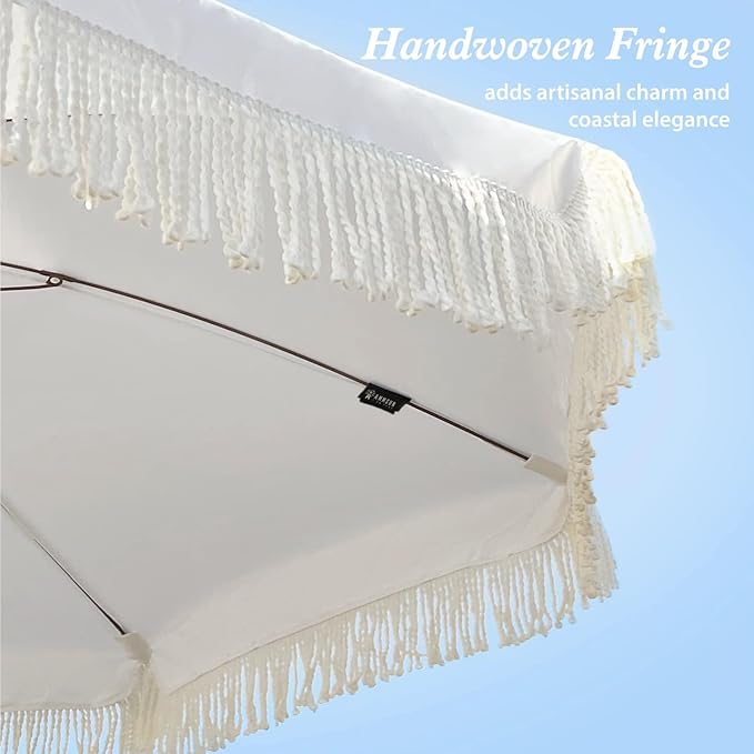 AMMSUN 7ft Patio Umbrella with Fringe Outdoor Tassel Umbrella UPF50+ Premium Steel Pole and Ribs Push Button Tilt, Cream White