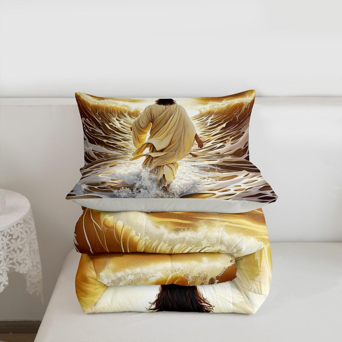 Manfei God Walking on Water Girls Bedding Set Twin Size,Bible Verse Western Faith Comforter Set,Golden Ocean Divine Light Quilt Comforter Girls Boys Teens,Golden Room Decor All Season,1 Pillowcase