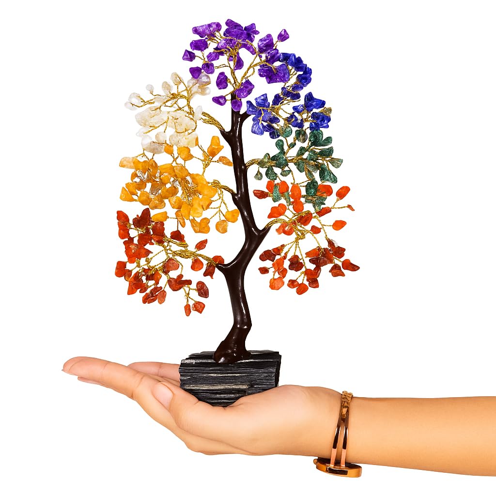 Seven Chakra Crystal Tree for Positive Energy, Healing Gemstone Bonsai with Black Tourmaline Gemstone Base – Feng Shui Money Tree for Home Décor, Meditation & Reiki Healing