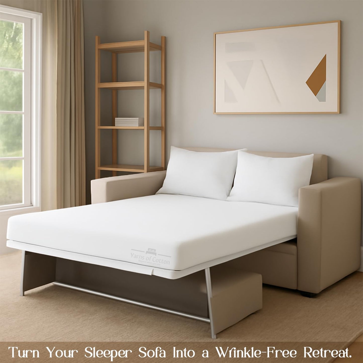 Sleeper Sofa Bed Sheet, 100% Cotton 400 Thread Count, 4 Piece Set, Deep Pocket Fitted Sheet, Soft Wrinkle Free & Breathable, Luxury Hotel Quality, Fits Up to 6 Inch Mattress (Full, White)