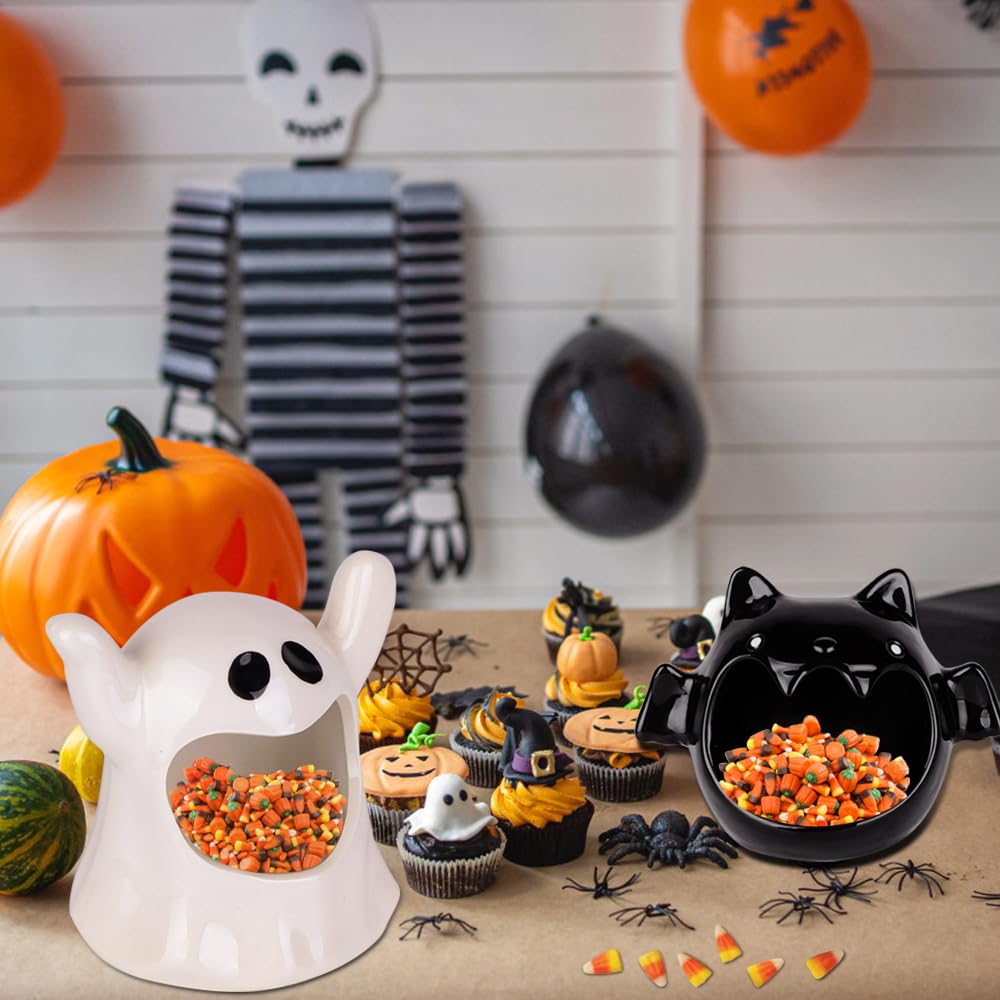 DIYDEC 2pcs Halloween Candy Bowls, Halloween Candy Dish Candle Holder Bat Ghost Ceramic Dish for Tiered Tray Ornament Tableware Party Decor