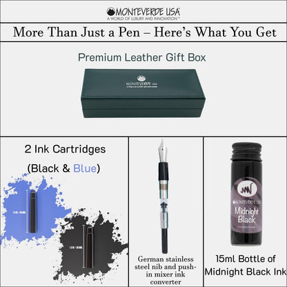 Monteverde USA Aldo Domani Italia Fountain Pen Matte Black – Fine Nib – Free Ink Bottle, Converter & Cartridges – German JoWo Nib – Gift-Boxed Luxury Pen