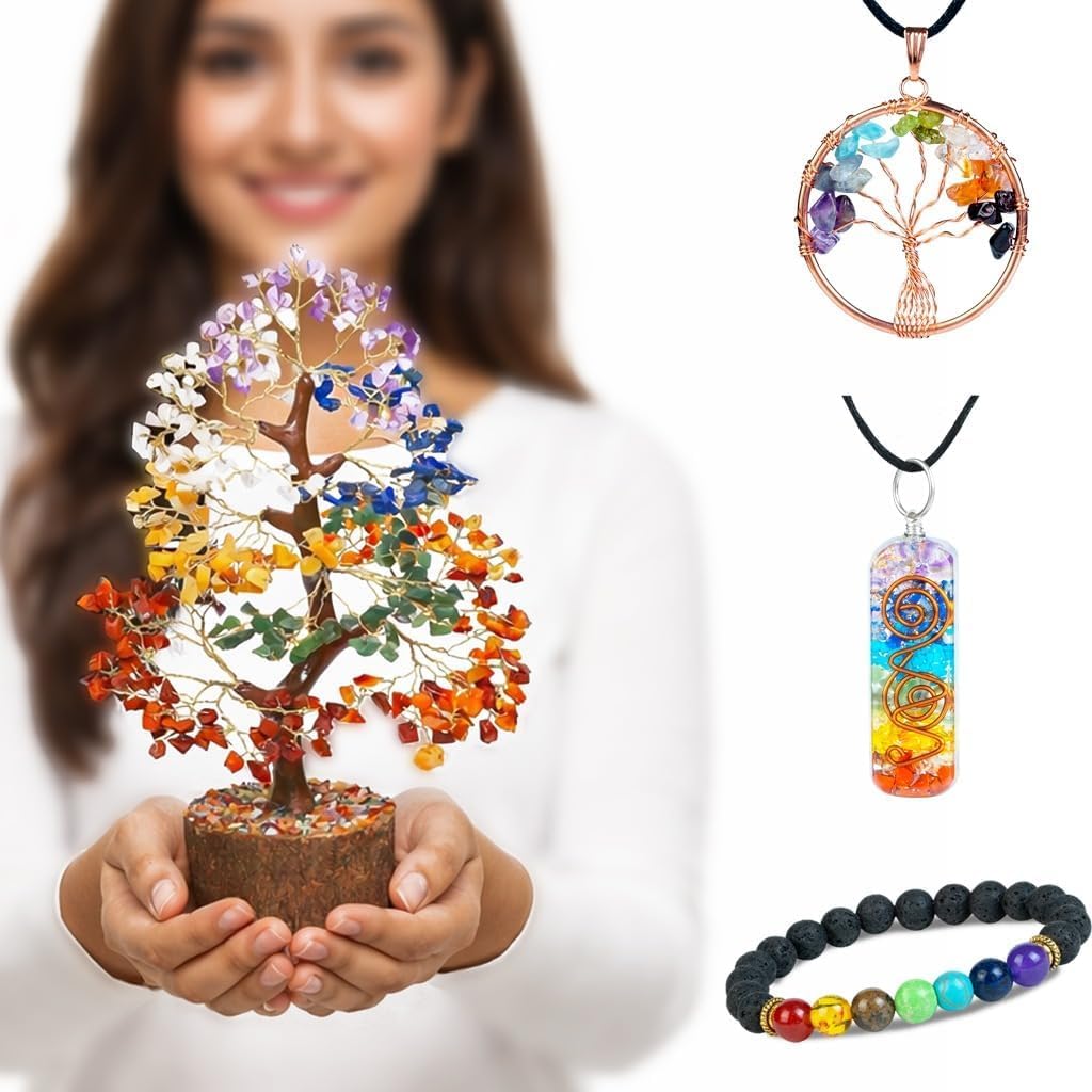 Crocon® Seven Chakra Crystal Tree of Life with Bracelet & 2 Pendants, Feng Shui Bonsai Decor Healing Crystals Spiritual Gifts for Cute Home Room & Desk Decor, Gifts for Women, Mom, Friend Her & Sister
