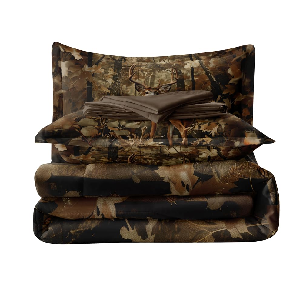 RUPSLO 5 Pieces Deer Comforter Sets,Camo Bedding Set,Deer Western Comforter Sets for Boys,Twin Size Bedding Set for Boys,Camo Bed Sets with Sheets
