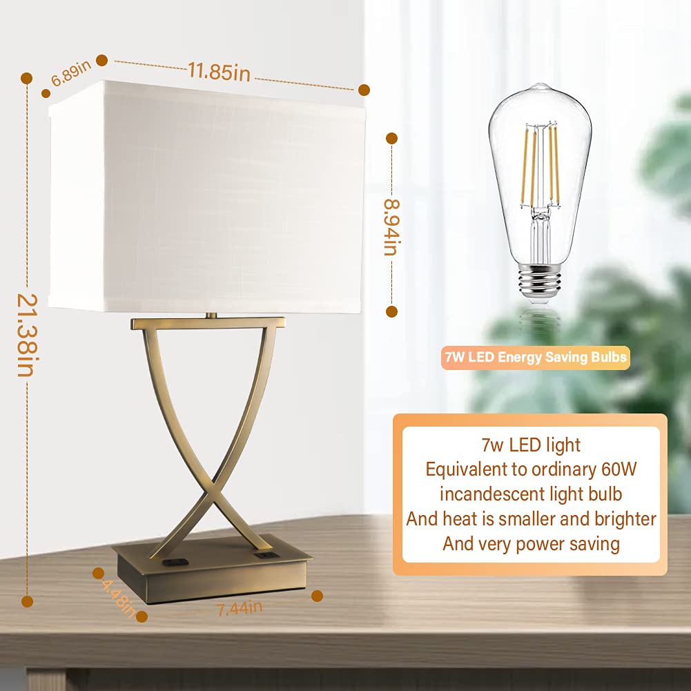 OYedis 3-Way Dimmable Touch Control Medium Table Lamp with Type C/USB Charging Port and 1 AC Outlet White Shade 21.38" Bedside Nightstand Lamp for Bedroom Living Room Office and Hotel Bulb Included