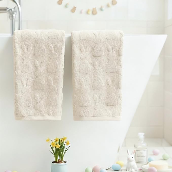 Artoid Mode 2 Pcs Beige 3D Rabbit Jacquard Easter Hand Towels