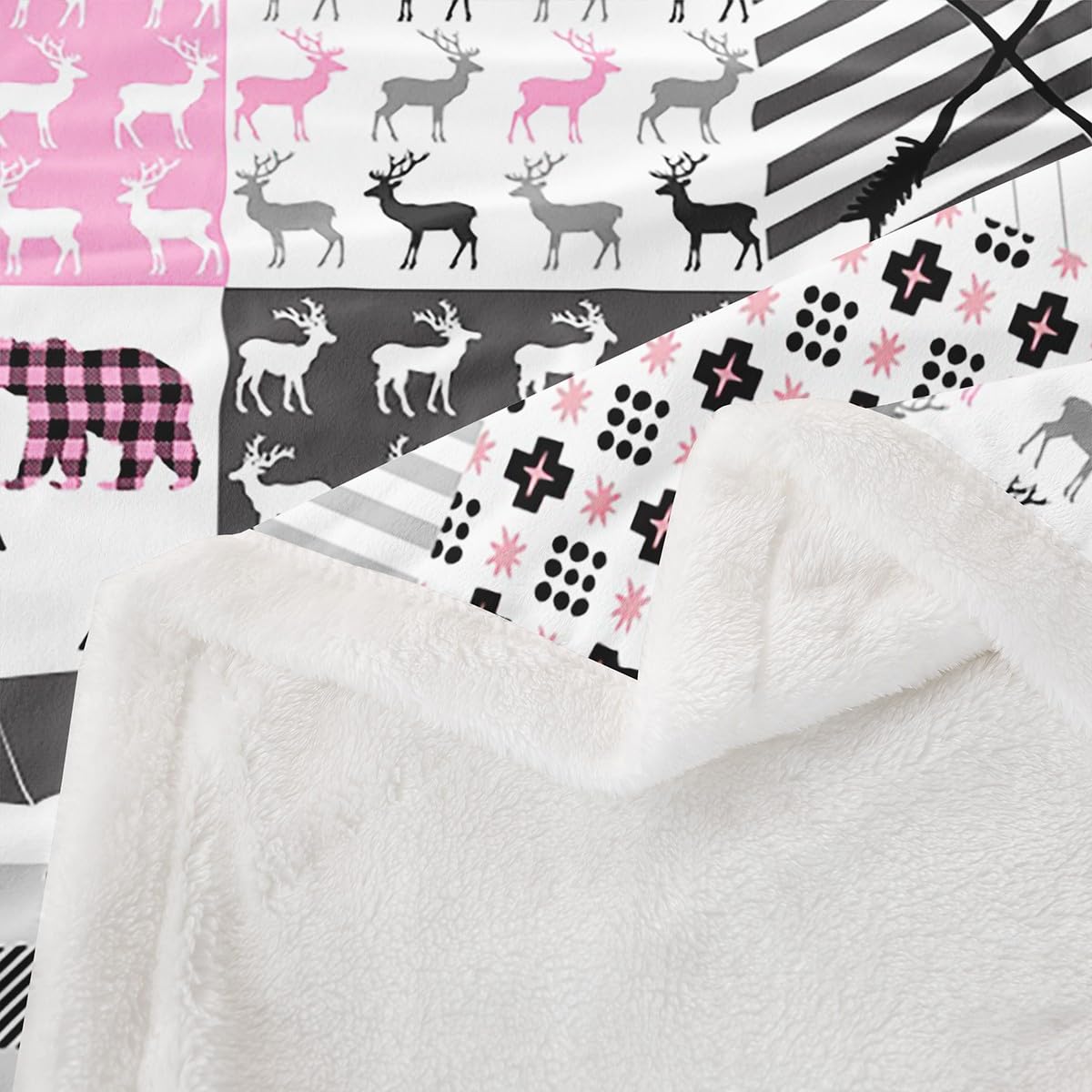 Deer Fleece Throw Blanket for Girls Boys - Pink Plaid Bear Antlers Plush Sherpa for Hunting and Camping - Bear Moose Lodge Patchwork Fuzzy Geometric Room Decor 40"x50"