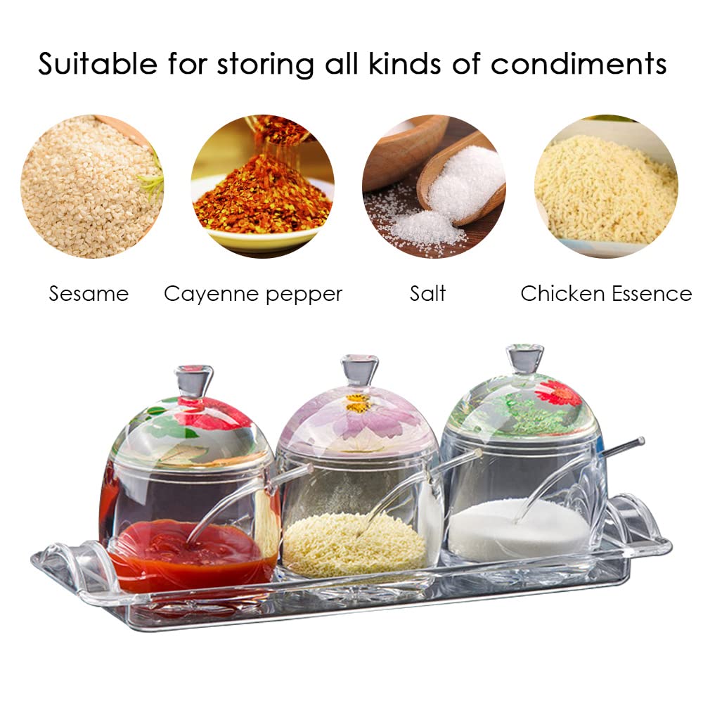 TINMIX Clear Seasoning Box - 3PCS Acrylic Condiment Pots for Salt Sugar Herbs, Spice Jar Containers with Base, Lids and Spoons