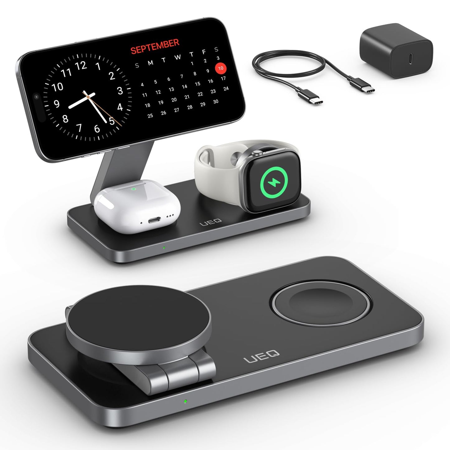 UEQ Foldable 3 in 1 Wireless Charging Station for Apple Magsafe Charger Stand,Fast Magnetic Wireless Charger Station for iPhone 17 Air 16 15 14 13 12 Series,Airpods Pro,Apple Watch Ultra (Pure Black)