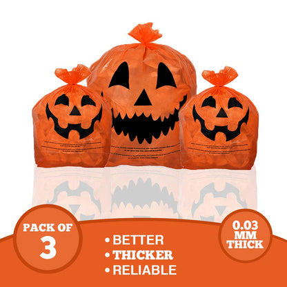 KINREX Halloween Leaf Bags Pumpkin Plastic Lawn and Leaf Bags Decoration - Outdoor Fall Trash Bag Decor - Orange Jack O Lantern - Pack of 3 with Twist Ties
