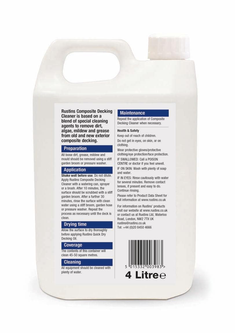 Rustins Composite Decking Cleaner - Effective Mold and Mildew Remover | Deep Cleaning Solution for Decks, Patios, and Outdoor Spaces 4 litre