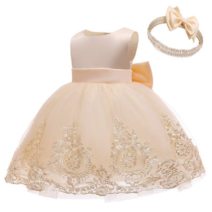 CMMCHAAH Princess Girl Lace Embroidery Bow Toddler Dresses Cute Sleeveless Prom Dresses Baby Frocks (Champagne,110)