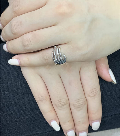 Vintage Skull Hand S925 Sterling Silver Open Band Ring for Women Girls Statement Adjustable Expandable Oxidized Gothic Skeleton Devil's Talons Finger Pinky Rings Comfort Fit Unisex Jewelry