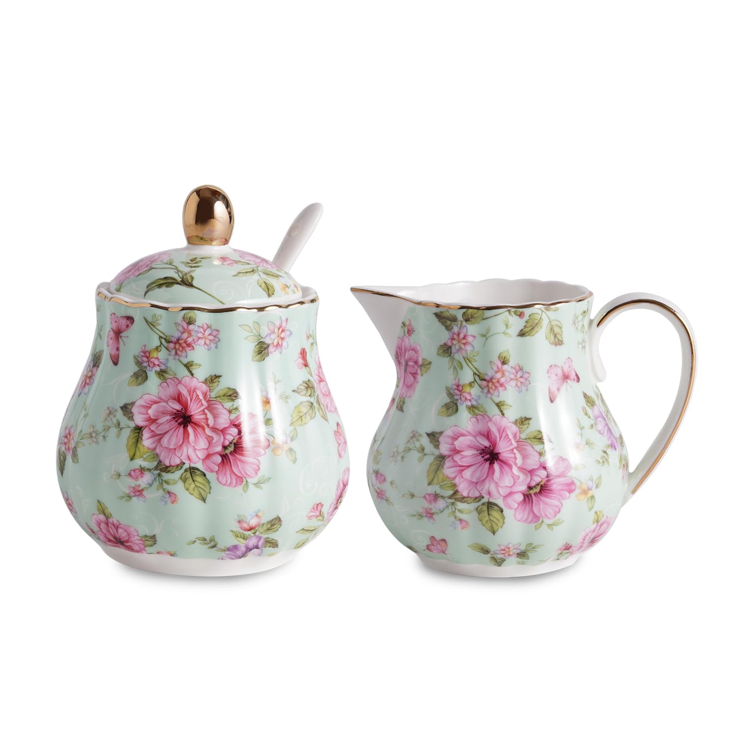 Agyiuns Ceramic Sugar and Creamer Set, 3 Piece Set with Cream Pitcher, Sugar Bowl, Sugar Set with Lid and Spoon (Green)