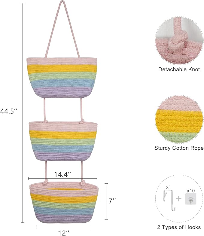 TeoKJ Over the Door Organizer, 3-Tier Woven Cotton Hanging Storage Baskets