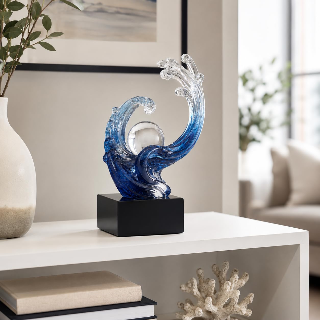 XYQXYQ Modern Abstract Decorative Wave Statue, Gold Abstract Art Home Decor,Crystal Ball Art Wave Resin Sculpture, Office Desk Stand, Dining Table Center Decorative Aesthetics (Blue)