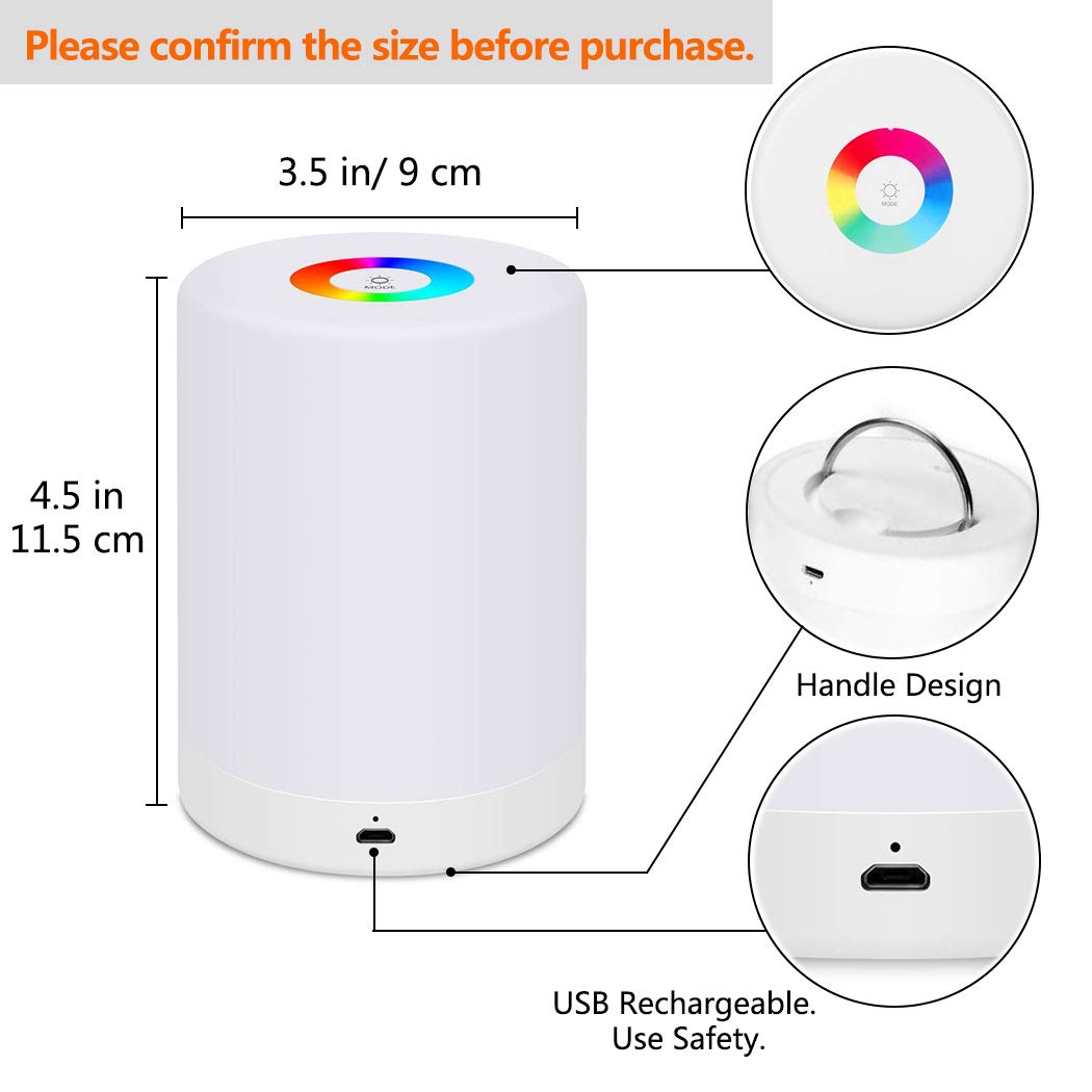 LED Night Light, Smart Bedside Table Lamp, Touch Control Dimmable USB Rechargable, Portable, Color Changing RGB for Kids, Bedroom, Camping (Warm White)
