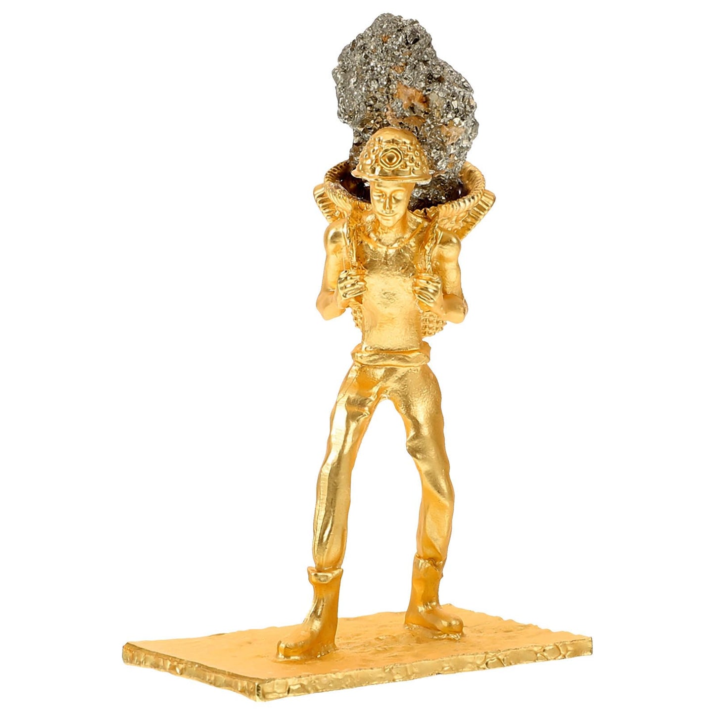 BESPORTBLE Mineral Cluster Ornament with Metal Miner Figurine and Back Basket, Irregular Raw Brass Ore Stone Craft for Home and Office Table Decoration