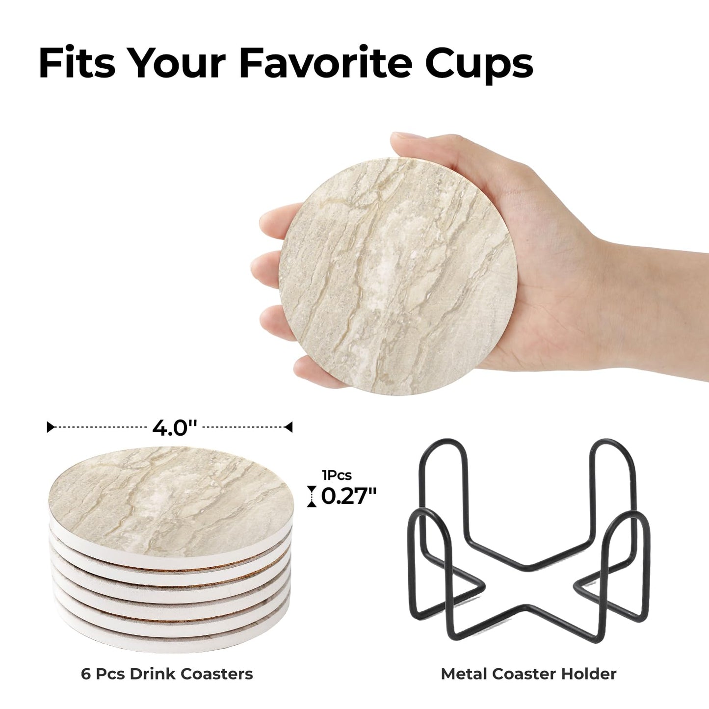LIFVER Coasters for Coffee Table, Coasters for Drinks Absorbent, Drink Coasters, Housewarming Gift, Home Decor, Set of 6, Farmhouse Coaster Set with Holder, 4 Inches, Sandstone Style